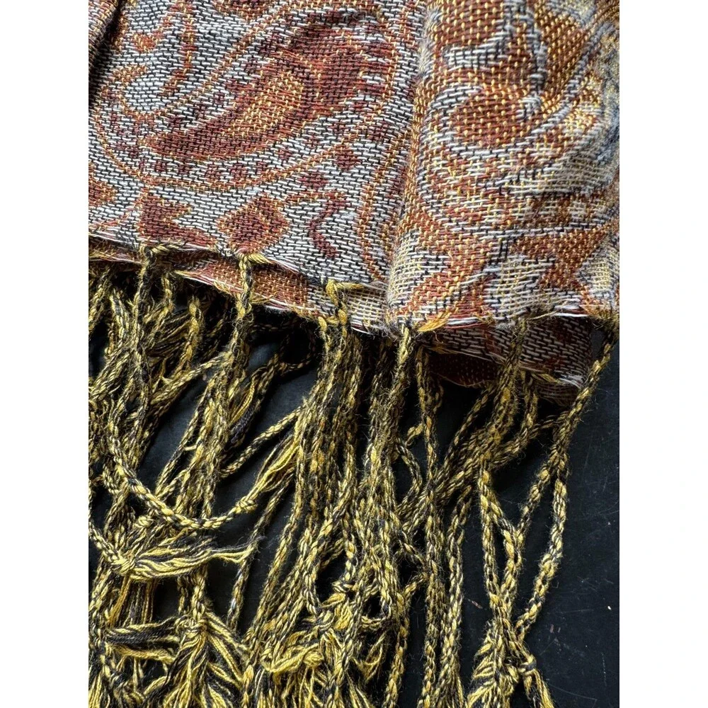 Pashmina Silk Blend Shawl or Wrap, Paisley Brown Tan Gold, Fringe ~28x70